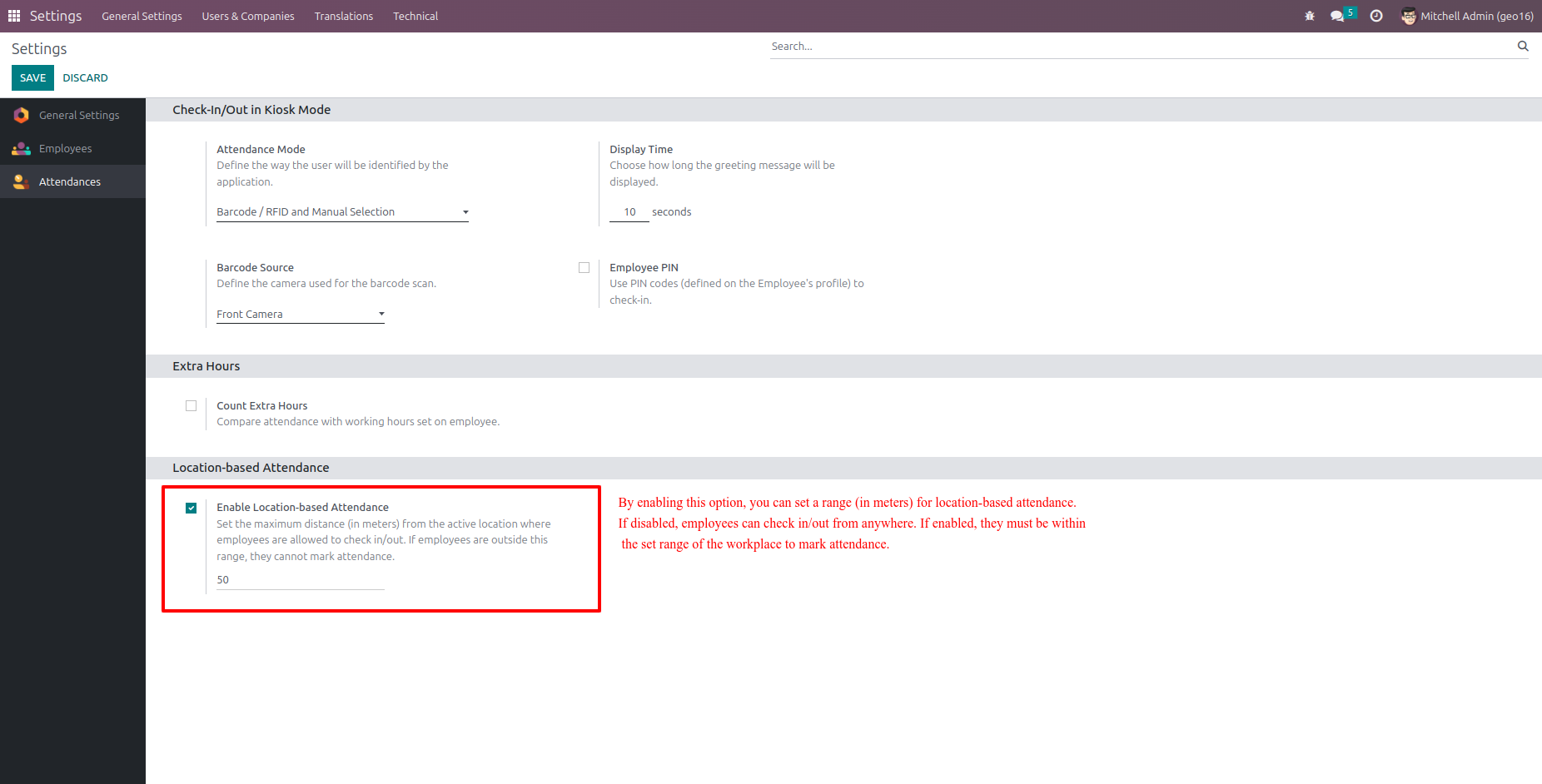 Geo Location Attendance - This module will only allows employee to check in/out within Active Work Location Range.| Geo Attendance | Remote Attendance | Human Resources | Employees | Geo Location | Active Work Location | Attendance Range | Active Location | CheckIn | CheckOut 
