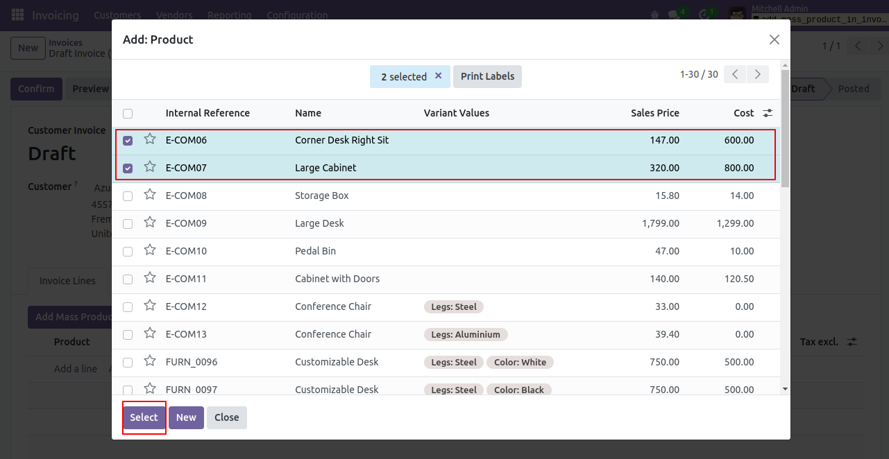 Add/import Mass/multiple product in account move line