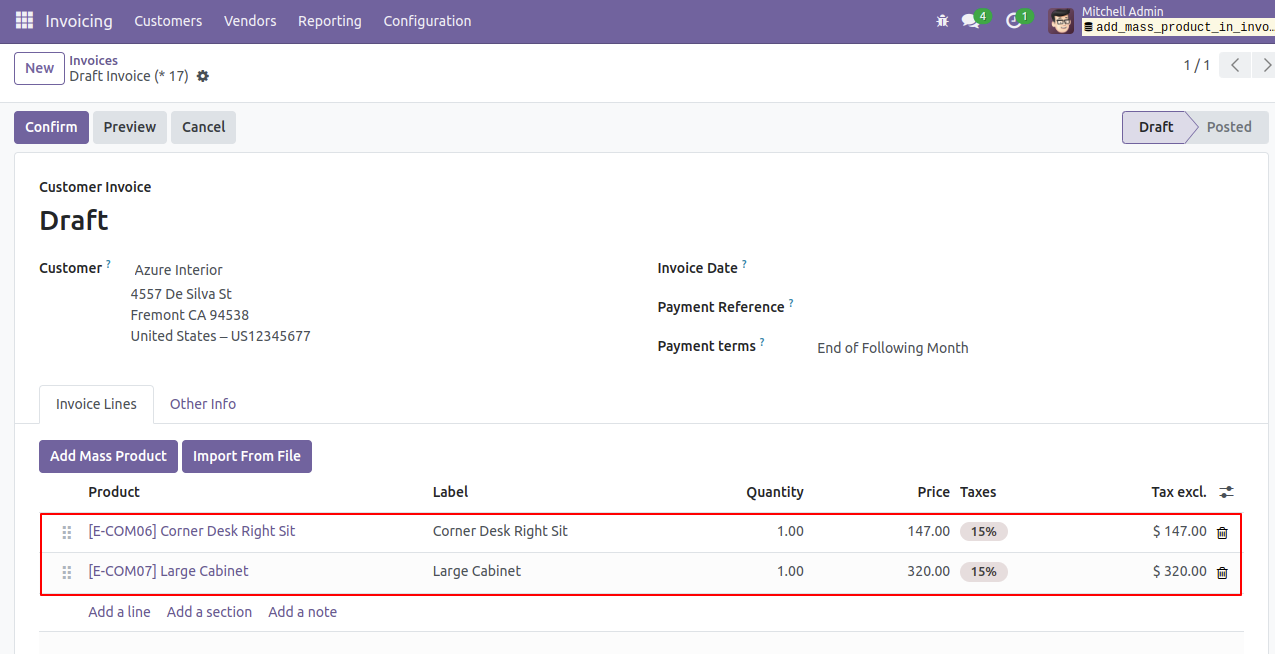 Add/import Mass/multiple product in account move line