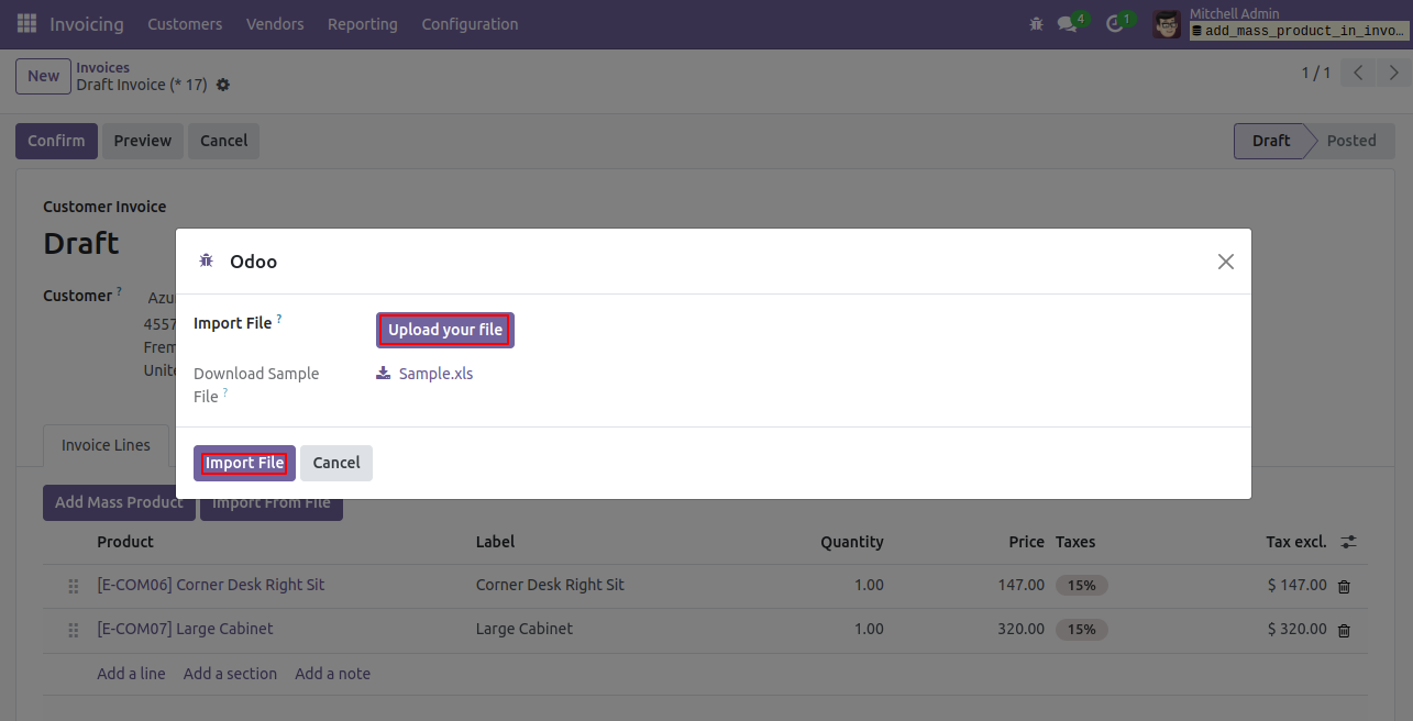 Add/import Mass/multiple product in account move line