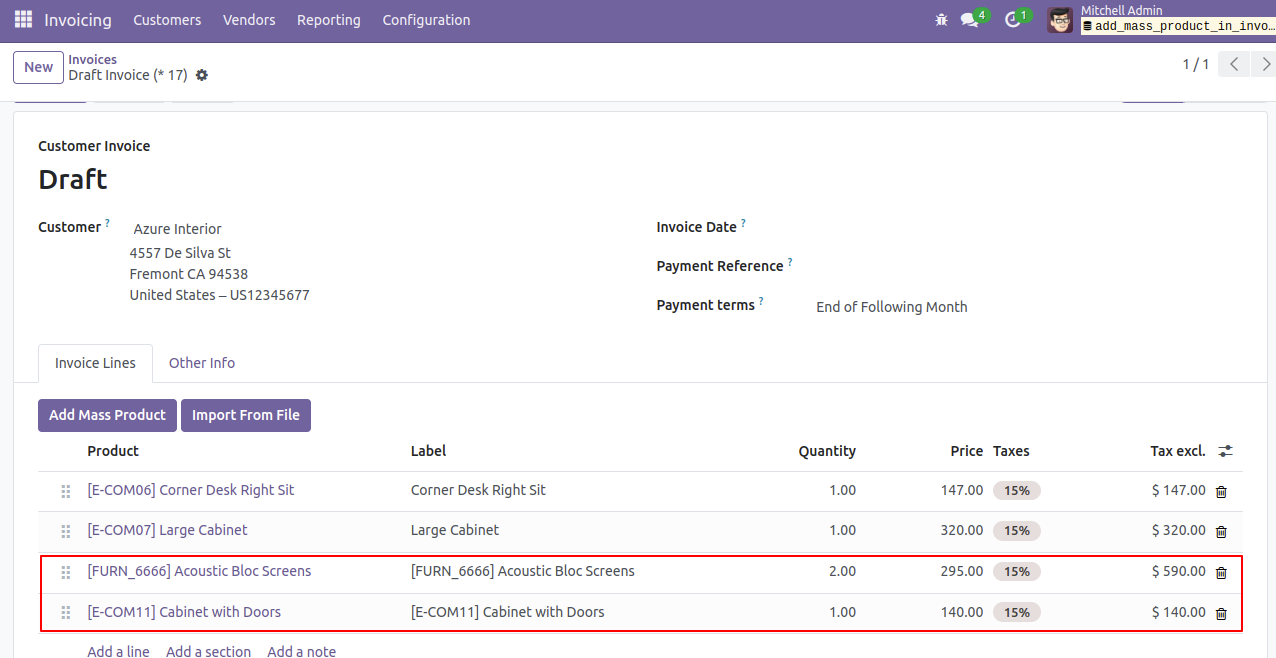 Add/import Mass/multiple product in account move line