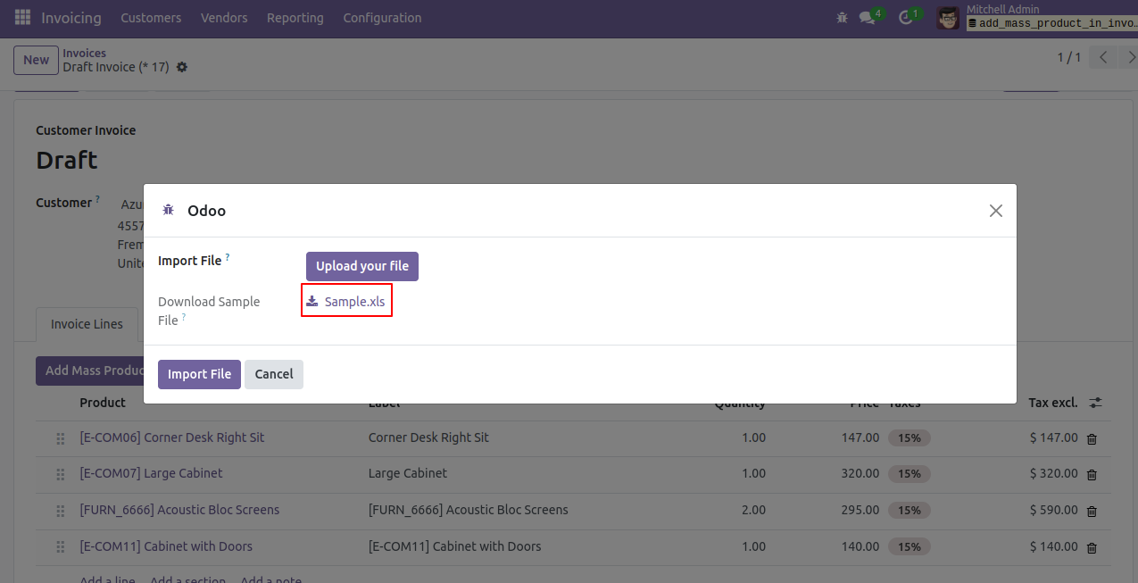 Add/import Mass/multiple product in account move line