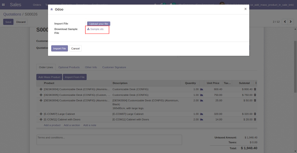 Add/import Mass/multiple product in order line