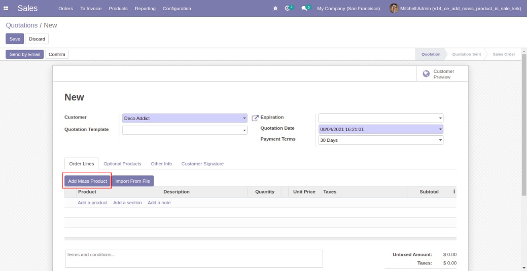 Add/import Mass/multiple product in order line