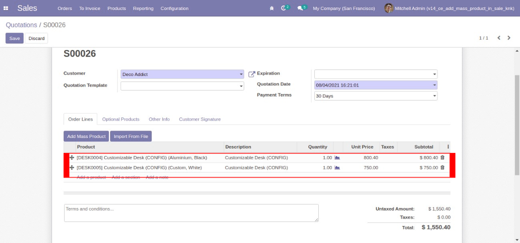 Add/import Mass/multiple product in order line