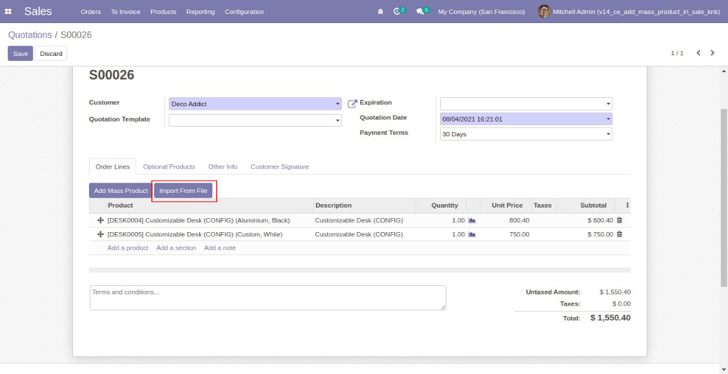 Add/import Mass/multiple product in order line