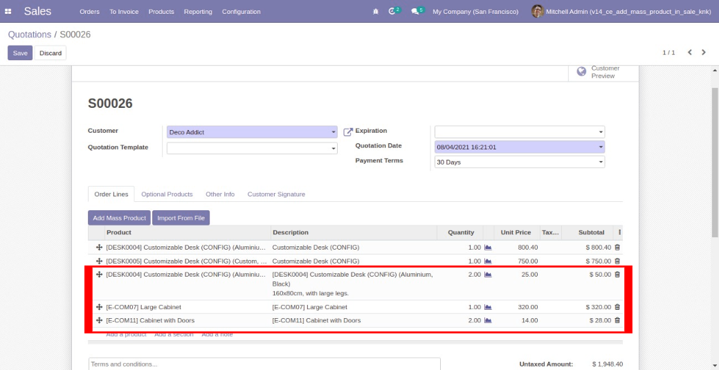 Add/import Mass/multiple product in order line