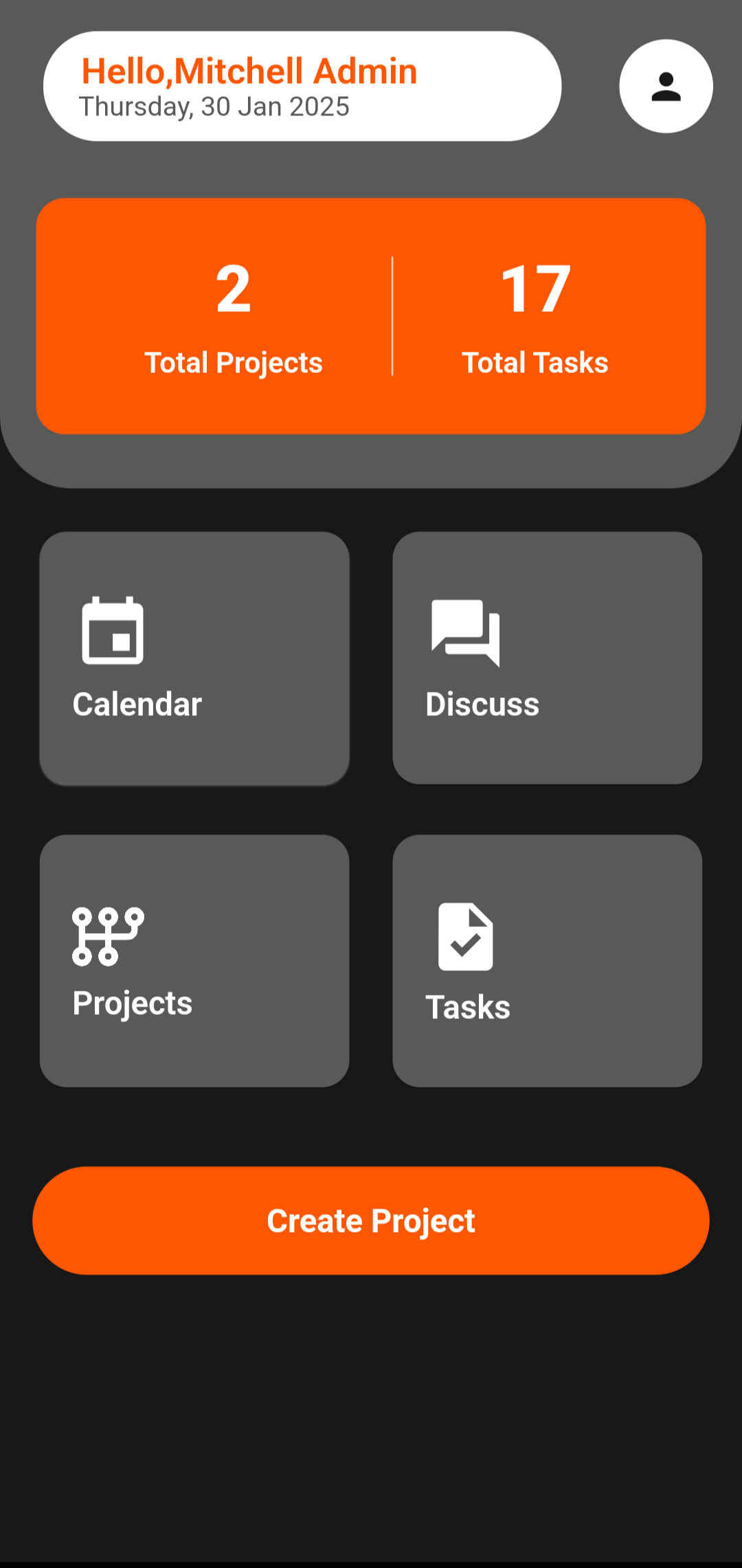 Dashboard home screen showing project and task overview