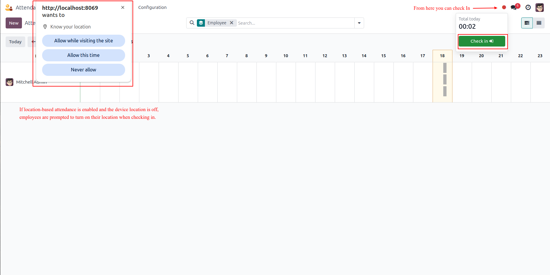 Geo Location Attendance - This module will only allows employee to check in/out within Active Work Location Range.| Geo Attendance | Remote Attendance | Human Resources | Employees | Geo Location | Active Work Location | Attendance Range | Active Location | CheckIn | CheckOut 