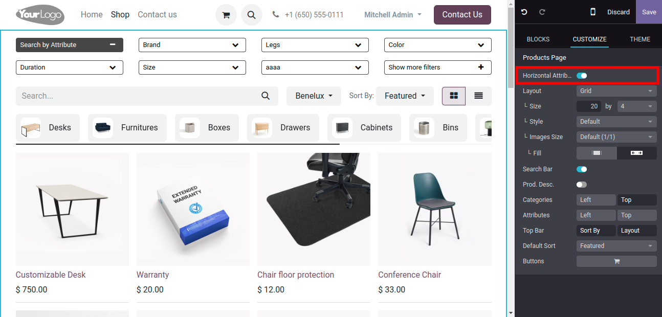 Horizontal Product Attributes Filter