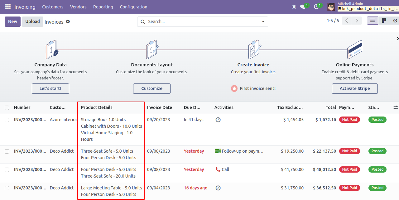 Product Details on Invoice