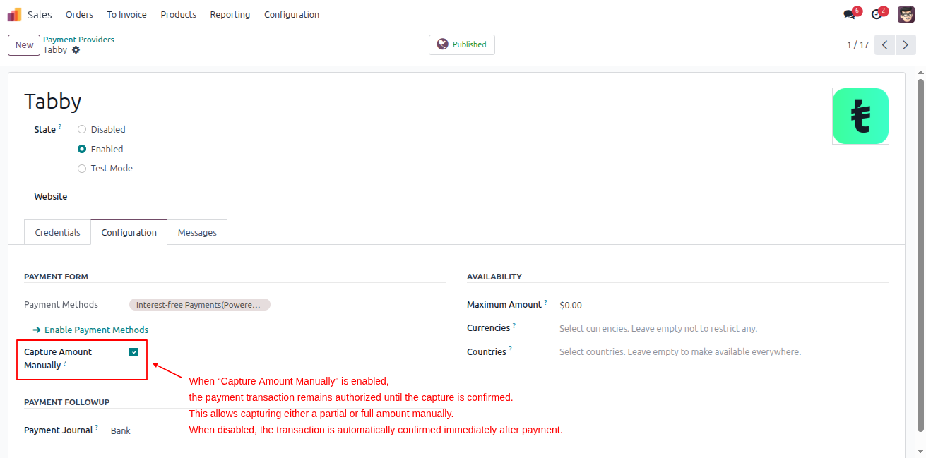 Tabby Payment Settings