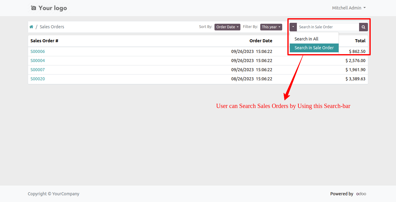 Portal Sale Orders/Quotations filter & search bar