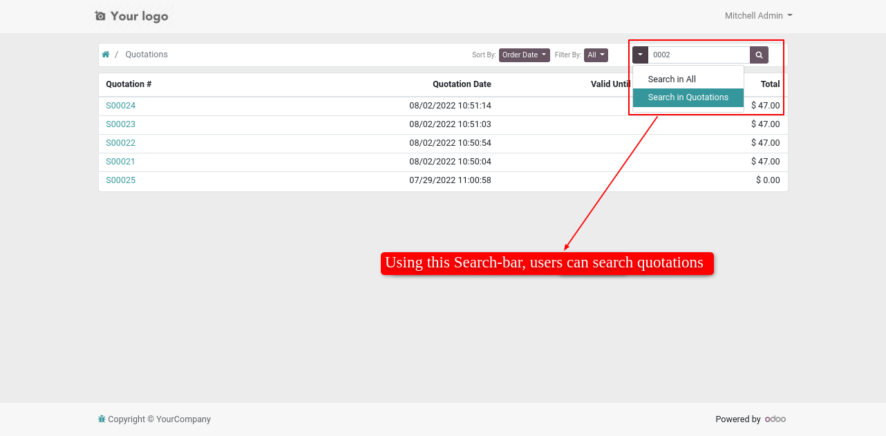 Portal Sale Orders/Quotations filter & search bar