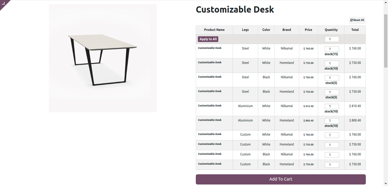 Website Sale Variants Matrix & Table View kanak