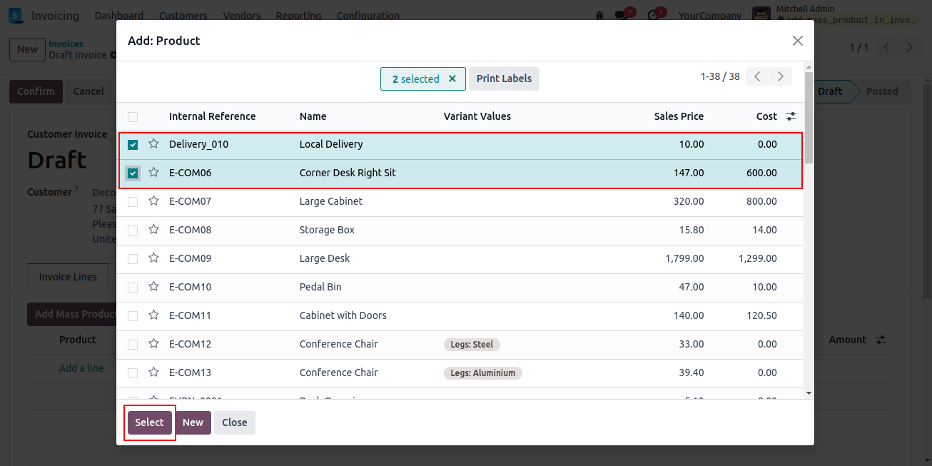 Add/import Mass/multiple product in account move line