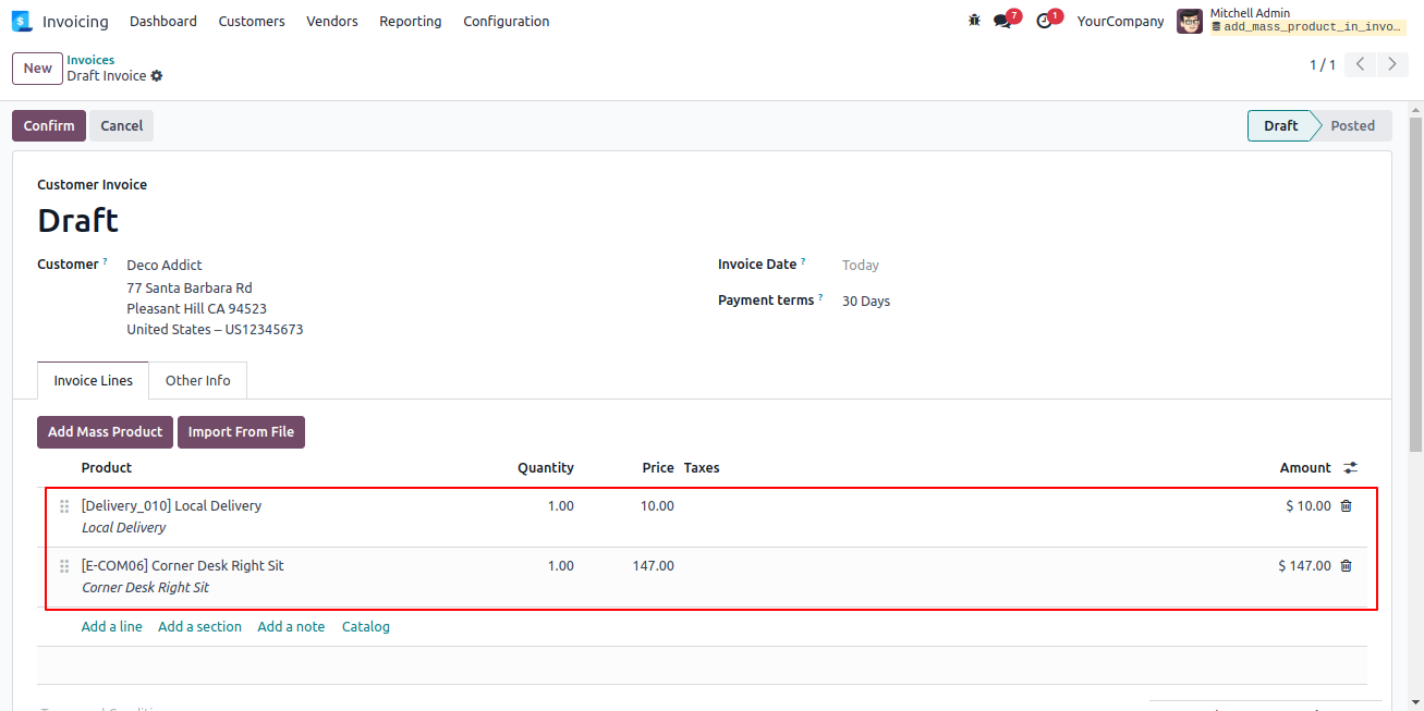 Add/import Mass/multiple product in account move line