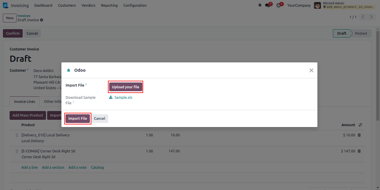 Add/import Mass/multiple product in account move line