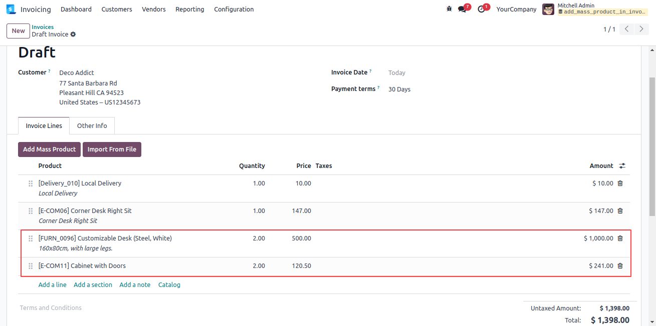 Add/import Mass/multiple product in account move line