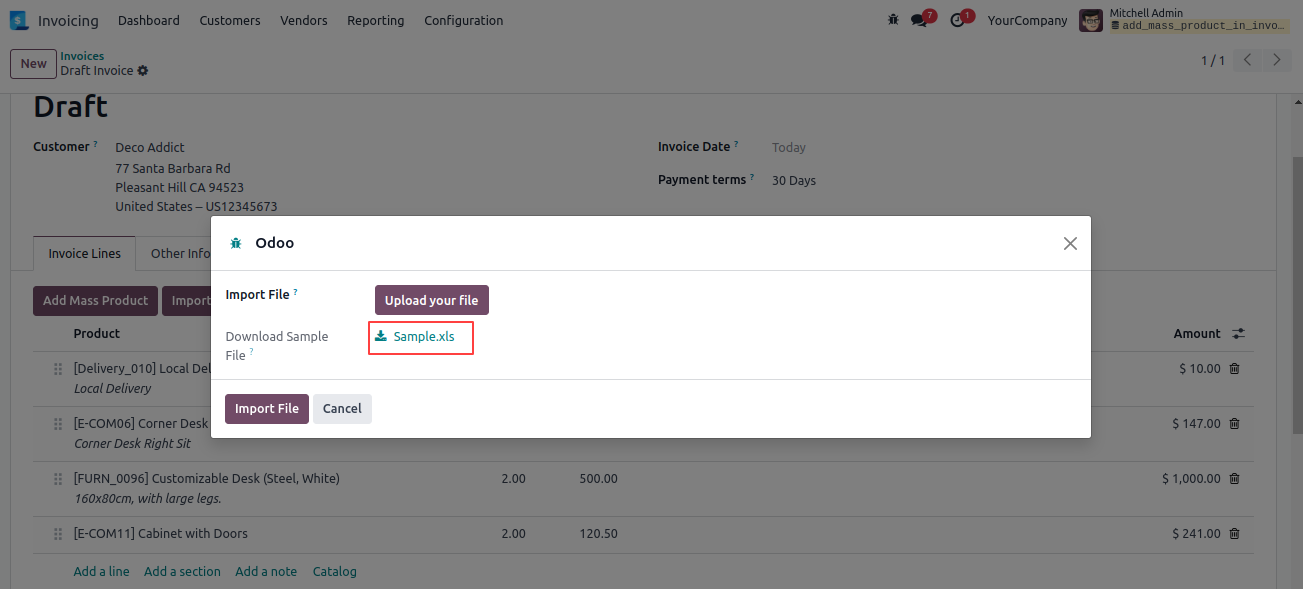 Add/import Mass/multiple product in account move line