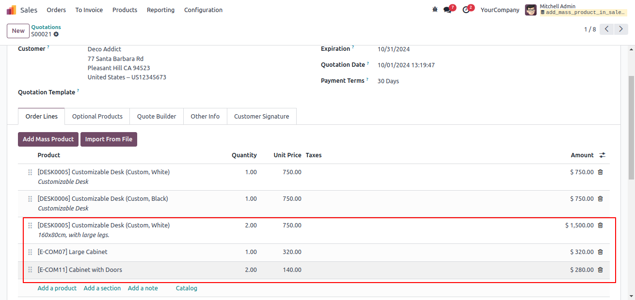 Add/import Mass/multiple product in order line