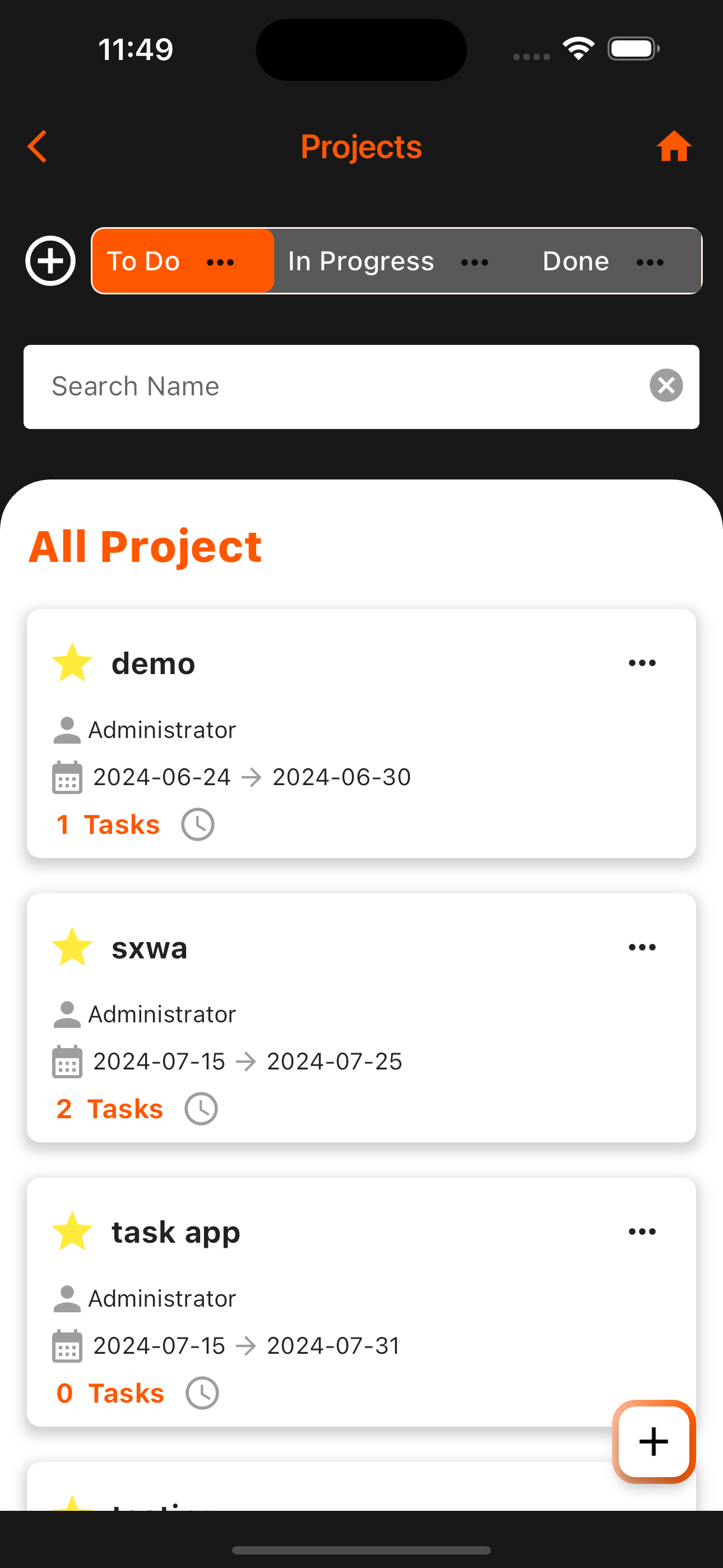 Project stages interface showing categorized progress