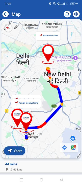 GeoMarking route start tracking screen for field employees