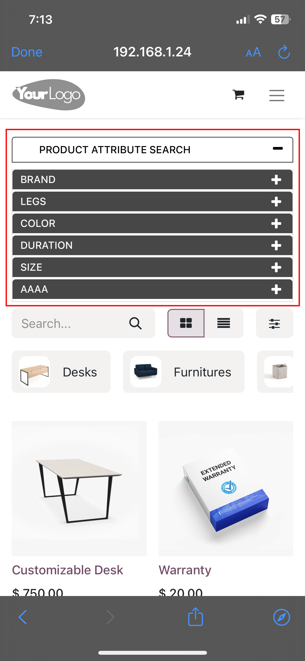 Horizontal Product Attributes Filter