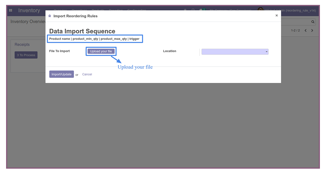 Import Product Reordering Rules - 
        This module is used to Import Reordering Product from excel or CSV file in Selected Location.
    