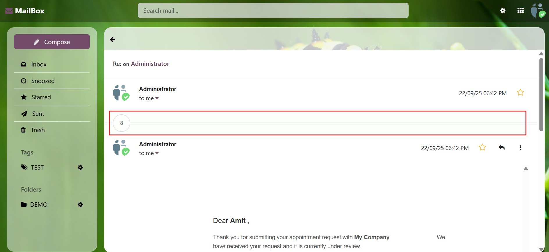 Mailbox (Odoo Inbox) - 
        This module is used to send or receive mail through the recipient, user can do the following types of message-send message, inbox message, starred or unstarred message, etc.
    