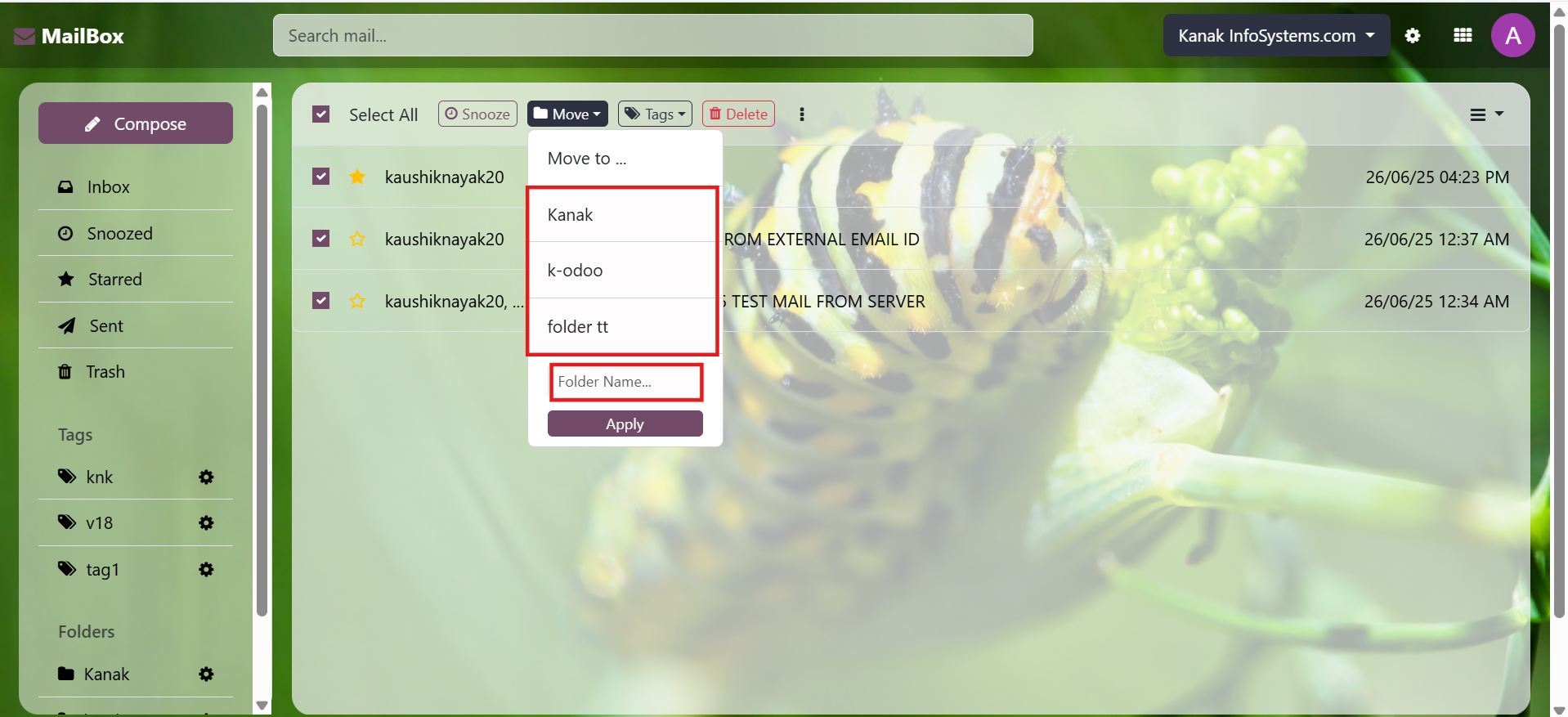 Mailbox (Odoo Inbox) - 
        This module is used to send or receive mail through the recipient, user can do the following types of message-send message, inbox message, starred or unstarred message, etc.
    