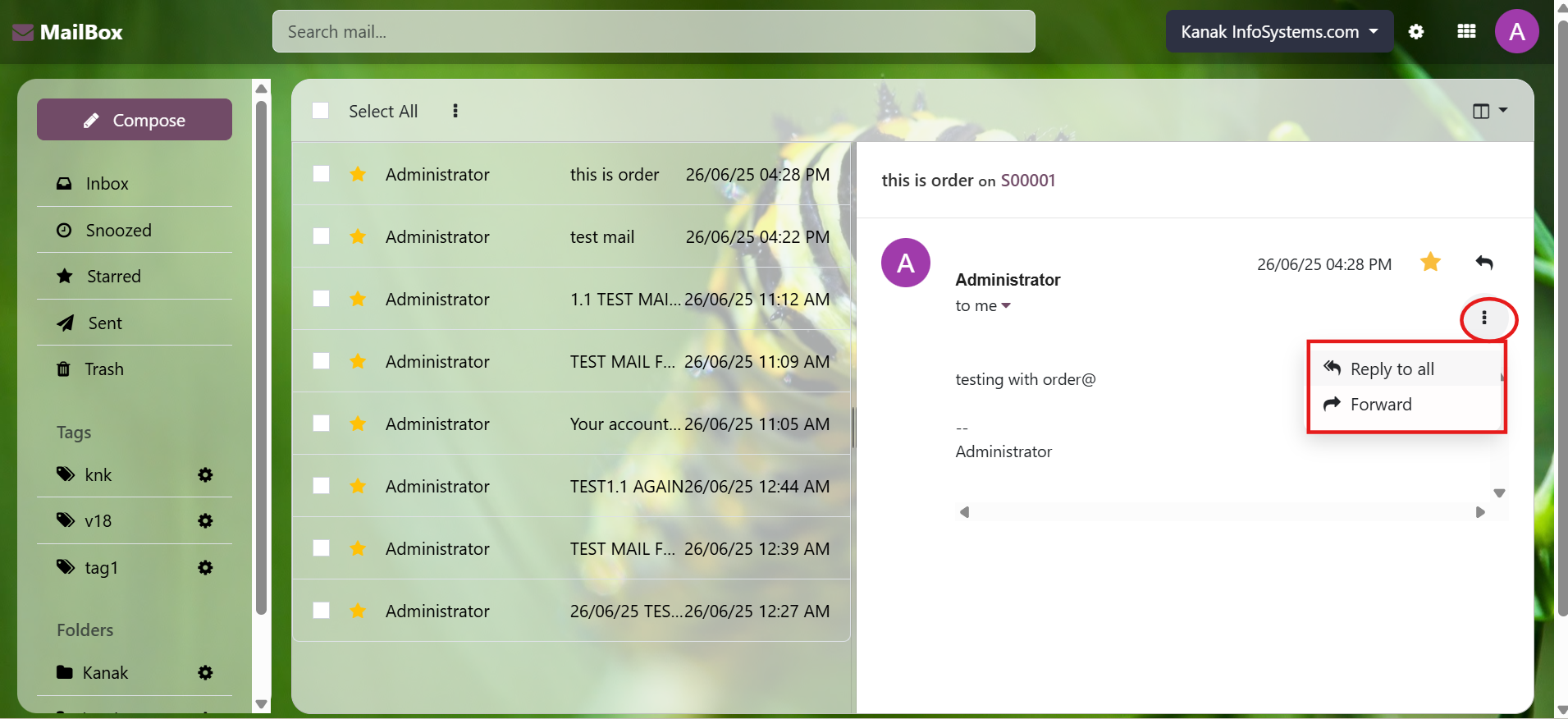 Mailbox (Odoo Inbox) - 
        This module is used to send or receive mail through the recipient, user can do the following types of message-send message, inbox message, starred or unstarred message, etc.
    