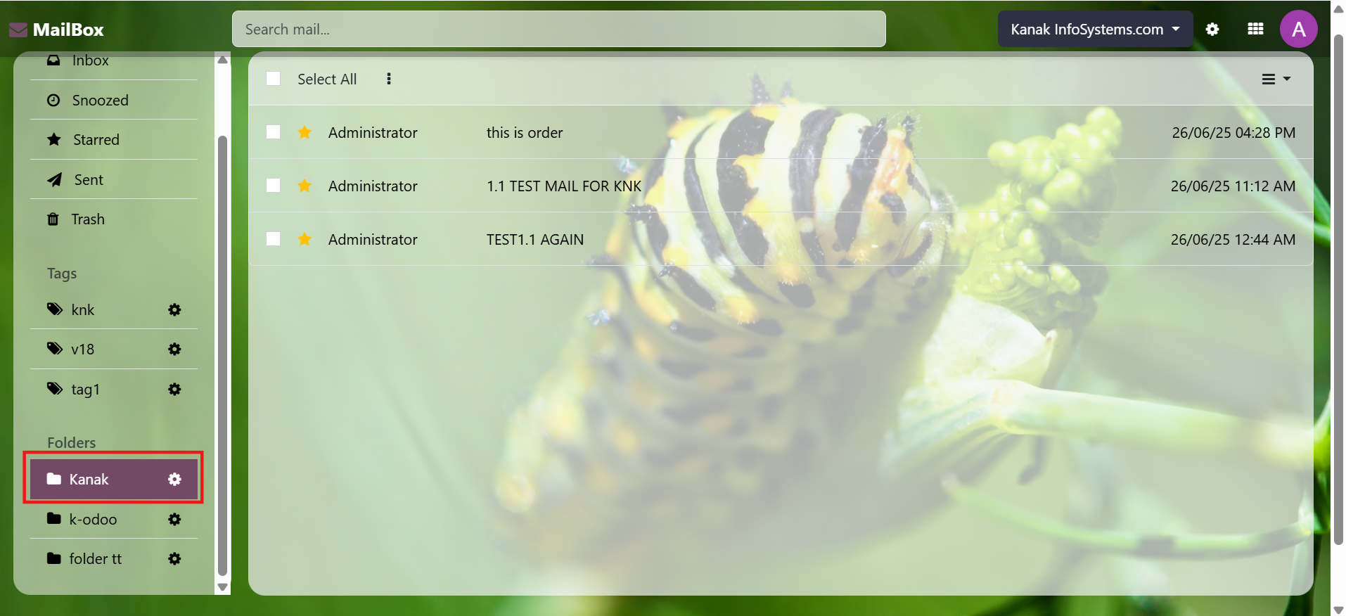 Mailbox (Odoo Inbox) - 
        This module is used to send or receive mail through the recipient, user can do the following types of message-send message, inbox message, starred or unstarred message, etc.
    