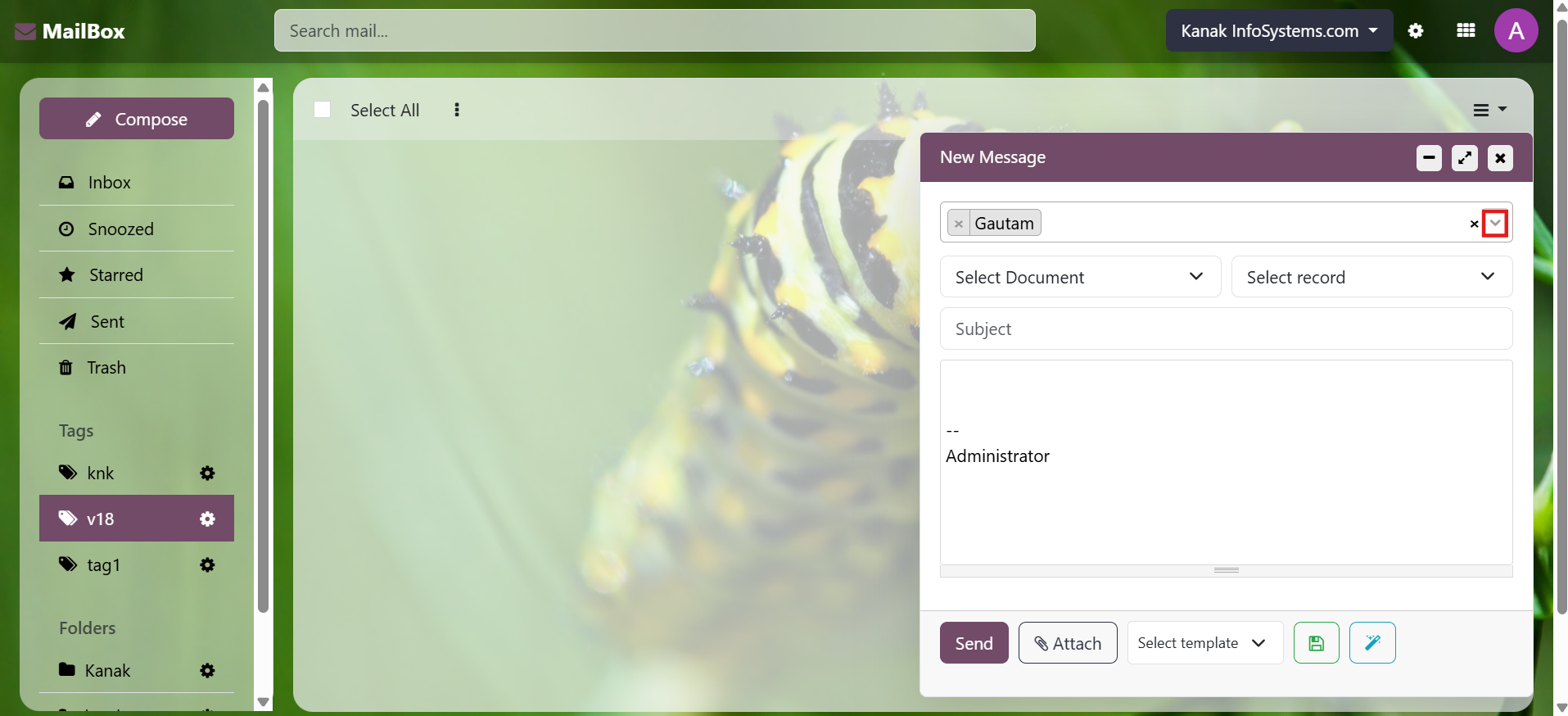 Mailbox (Odoo Inbox) - 
        This module is used to send or receive mail through the recipient, user can do the following types of message-send message, inbox message, starred or unstarred message, etc.
    