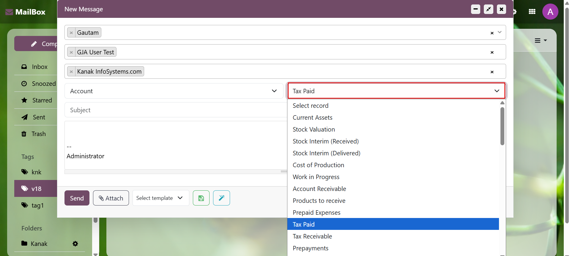 Mailbox (Odoo Inbox) - 
        This module is used to send or receive mail through the recipient, user can do the following types of message-send message, inbox message, starred or unstarred message, etc.
    