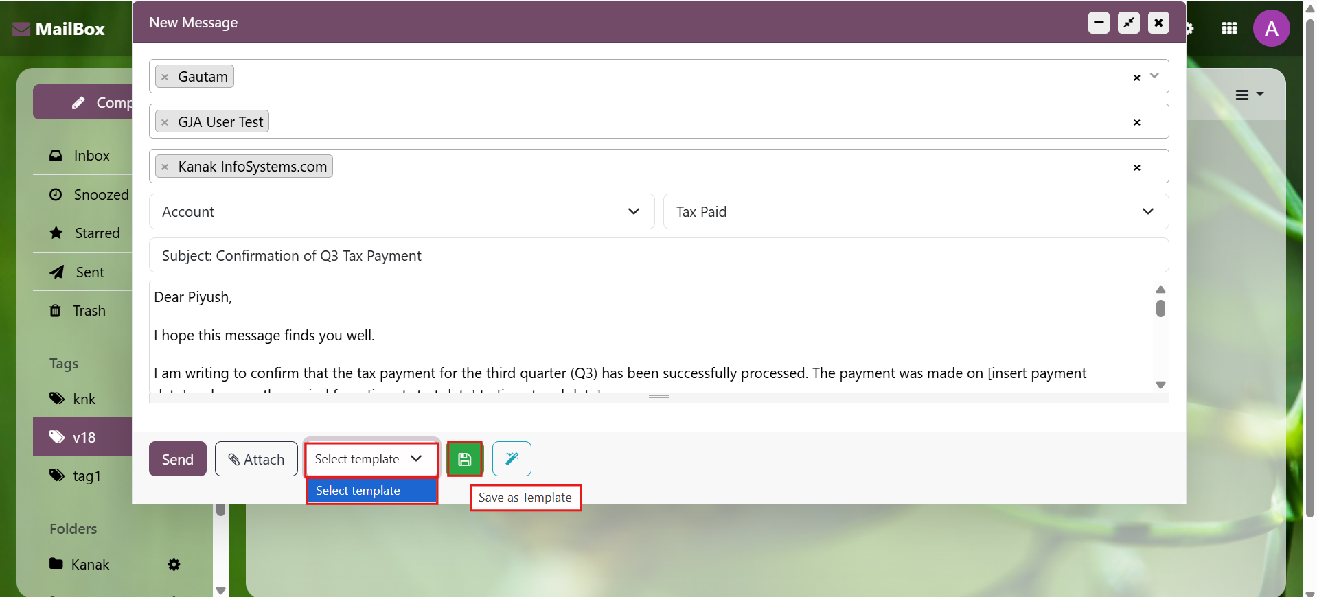 Mailbox (Odoo Inbox) - 
        This module is used to send or receive mail through the recipient, user can do the following types of message-send message, inbox message, starred or unstarred message, etc.
    