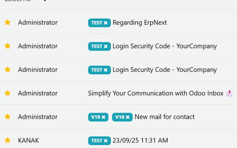 Mailbox (Odoo Inbox) - 
        This module is used to send or receive mail through the recipient, user can do the following types of message-send message, inbox message, starred or unstarred message, etc.
    