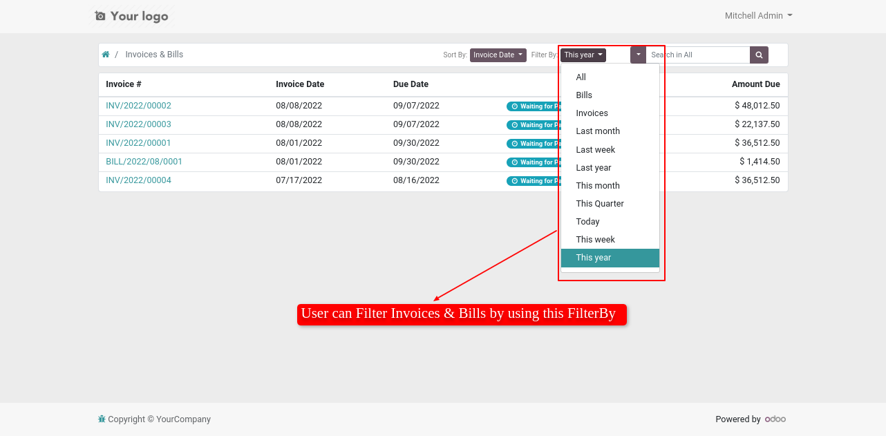 Portal Invoices/Bills FilterBy & Searchbar