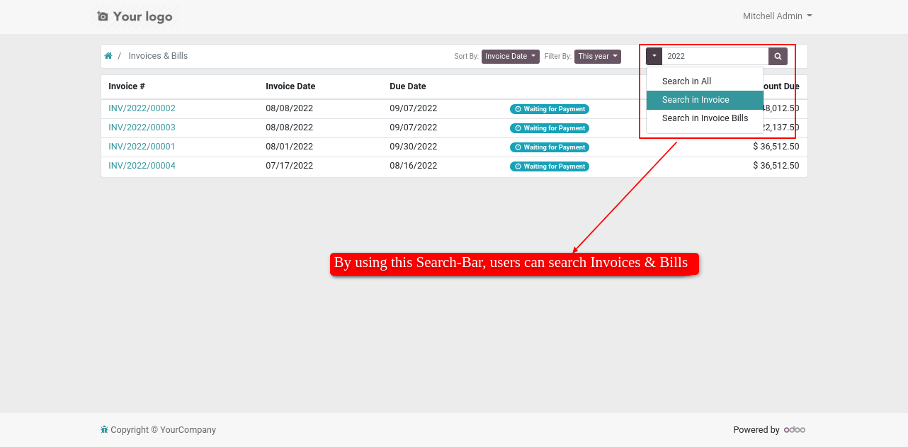 Portal Invoices/Bills FilterBy & Searchbar
