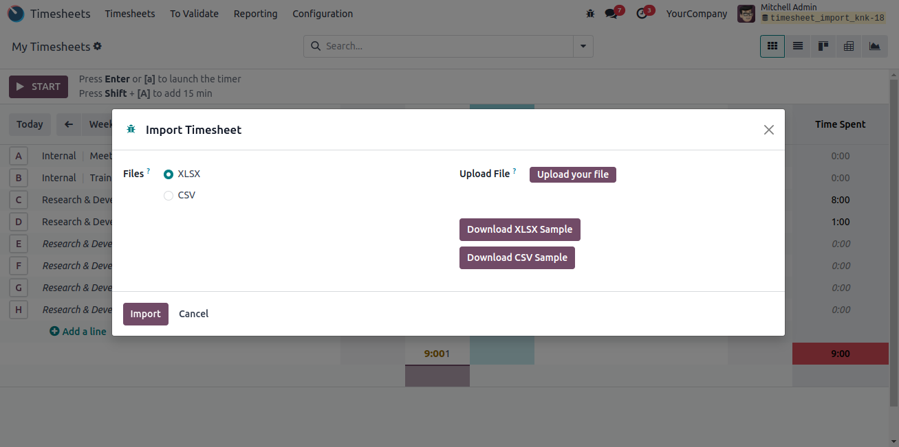 Timesheet Import from XLSX and CSV