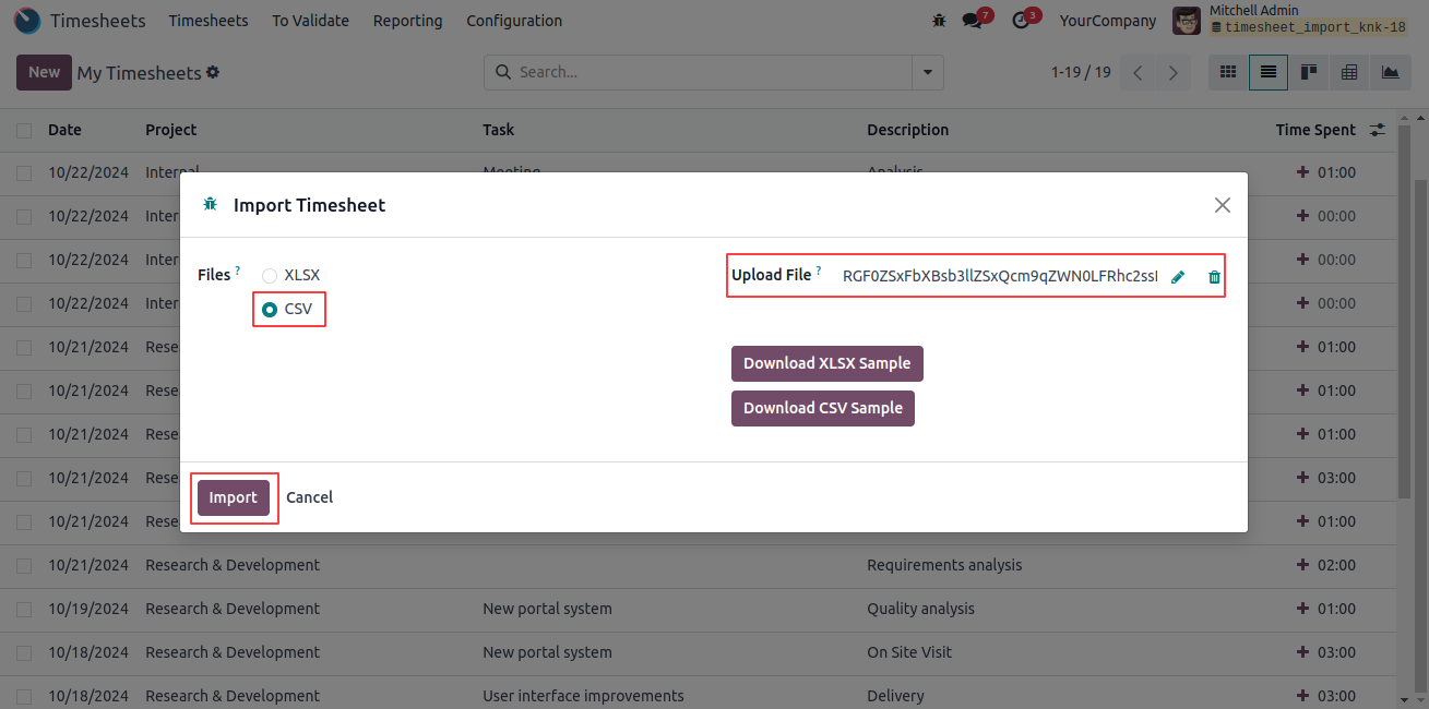 Timesheet Import from XLSX and CSV