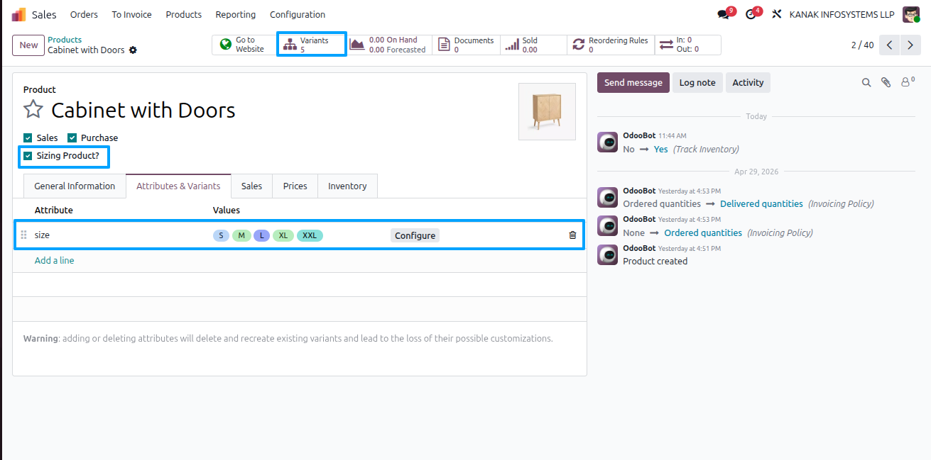 account product size matrix