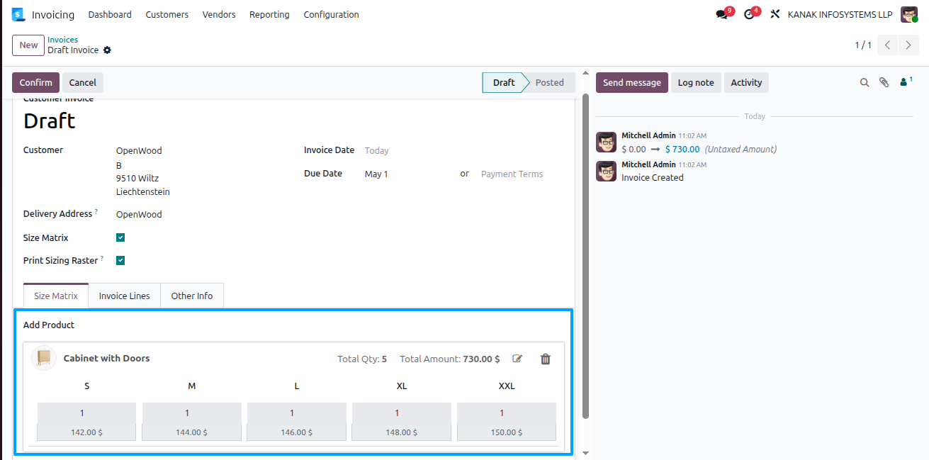 account product size matrix