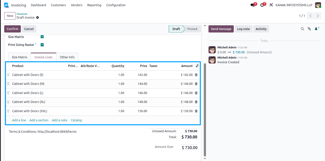 account product size matrix