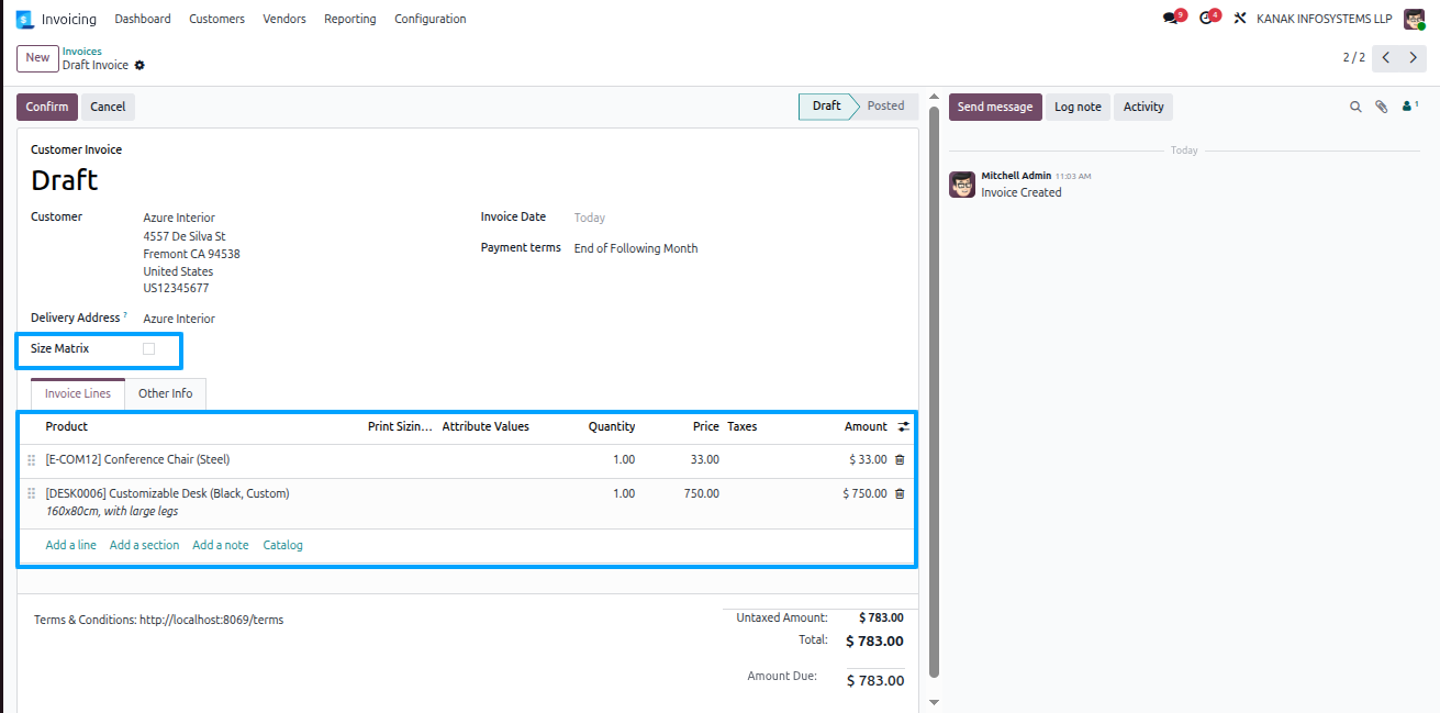 account product size matrix
