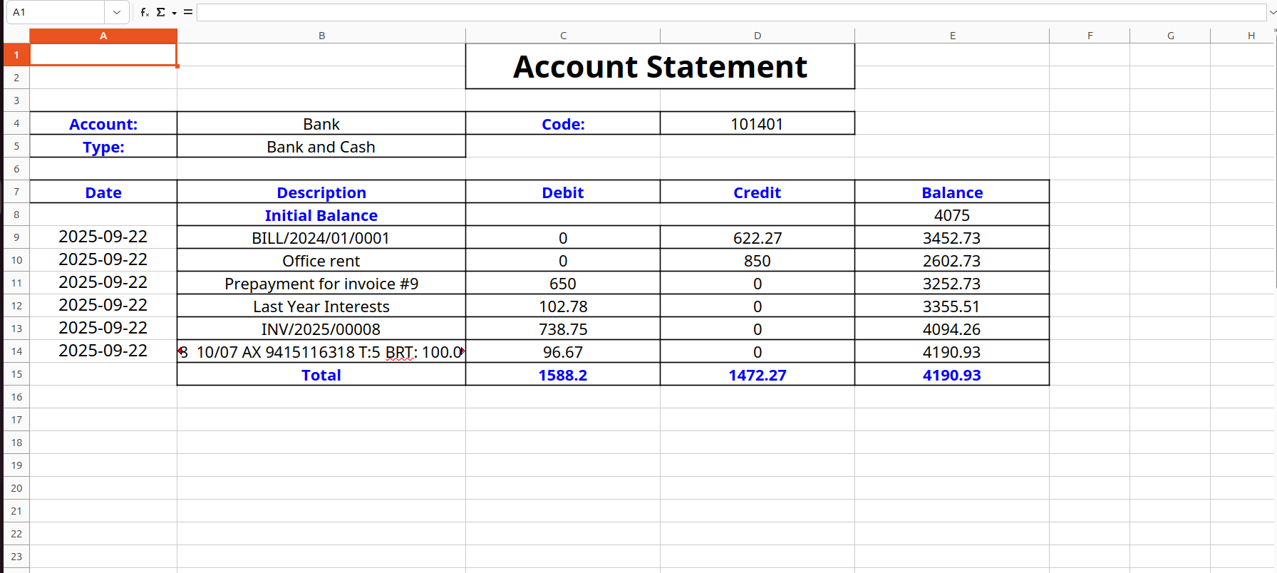 Account Statement XLS Report