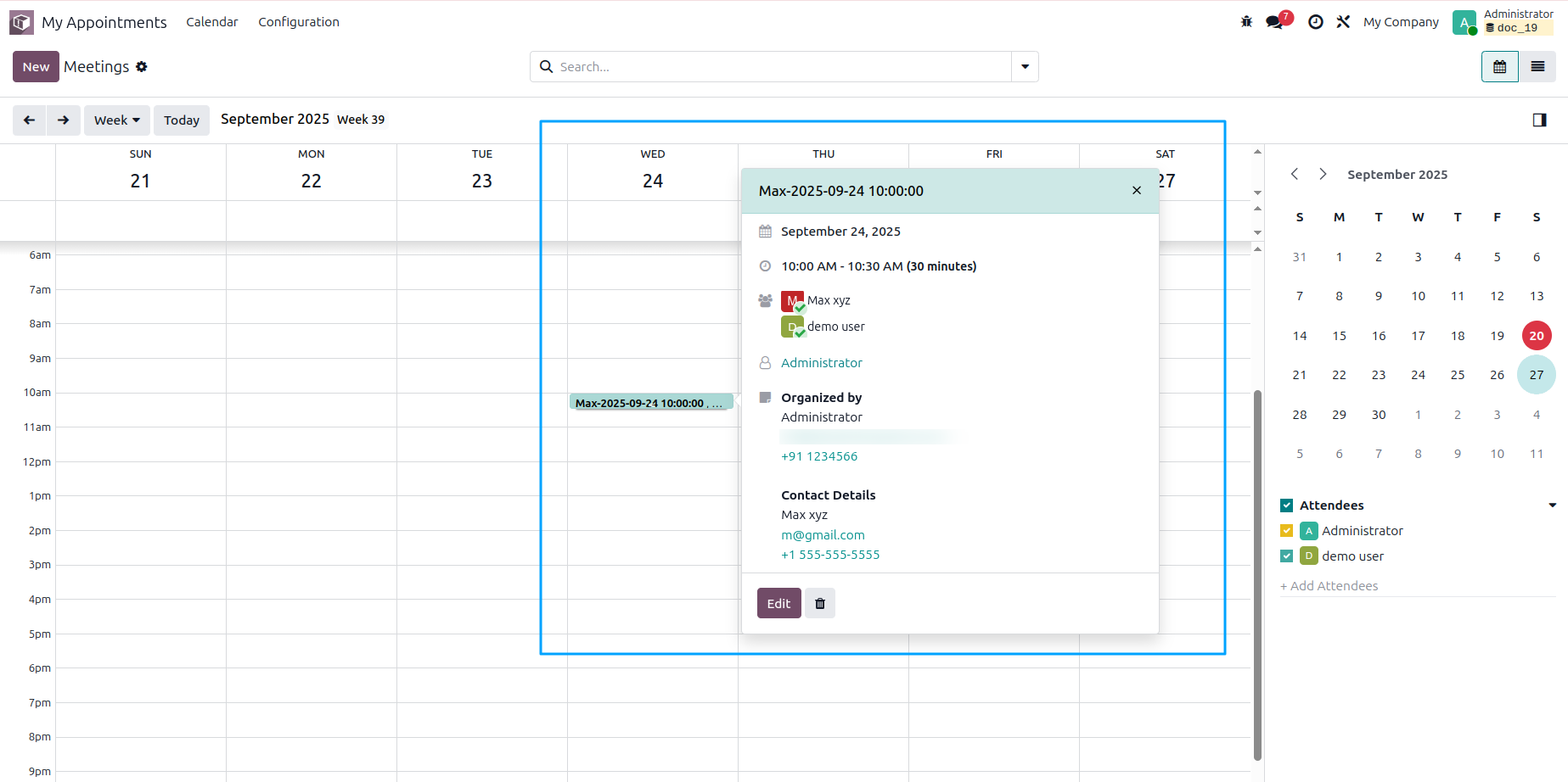 Odoo backend showing confirmed appointment entry with customer name, team member, date, and time