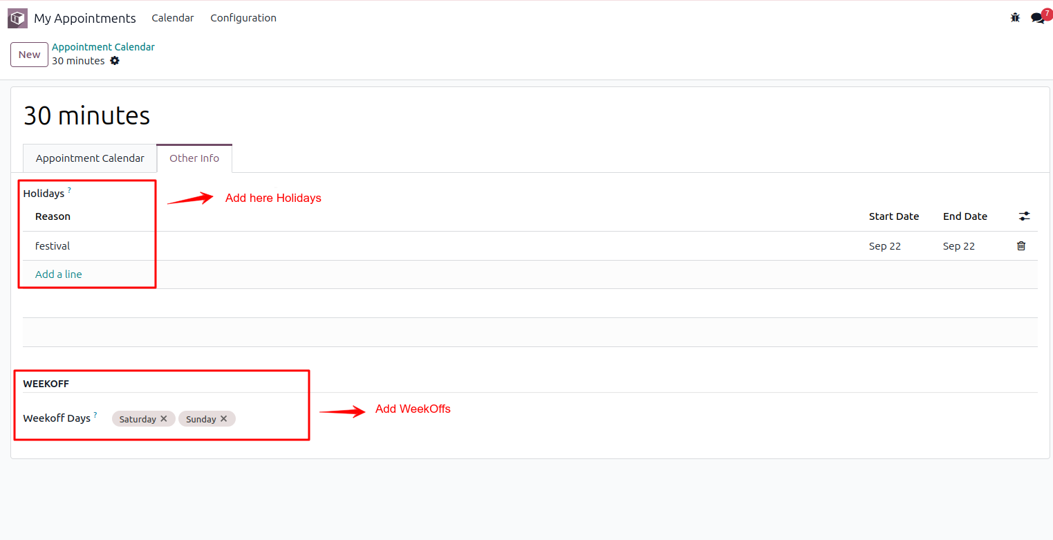Calendar configuration showing weekday selection, week-off days with reason, and new start and end dates