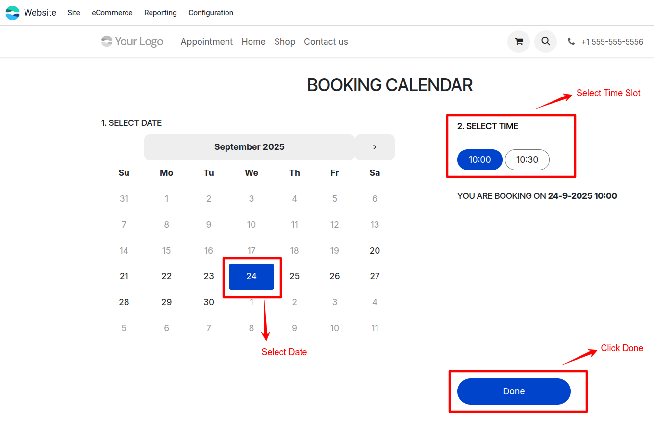 Website calendar view showing selection of date and available time slots for appointment within the assigned team member's start and end date range