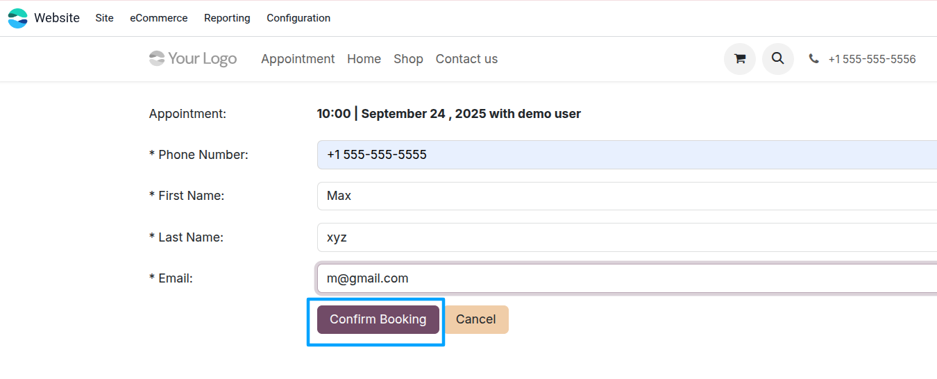 Appointment form showing customer details, service selection, and confirm appointment button